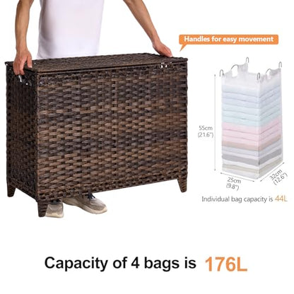 Laundry Hamper with 4 Removable Liner Bags; 176L Handwoven Rattan Laundry Basket with Lid & Heightened Feet; Clothes Hamper with Side Handles - color: Brown, size: 176L-4 Section