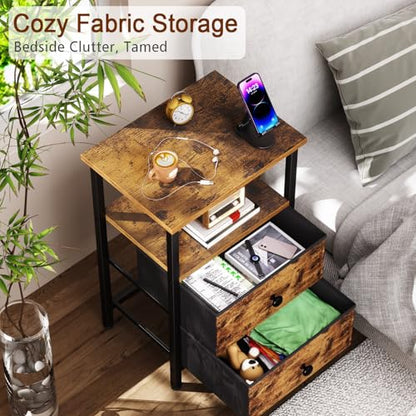 Night Stand, Nightstands Set of 2 for Bedroom | Small Bedside Table with 2 Fabric Drawers, End Tables Living Room, Bed Side Table with Open Storage Shelf, Rustic Brown - color: Brown