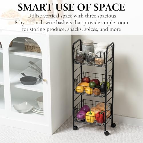 MyGift 3-Tier Rolling Metal Wire Fruit and Vegetable Basket Cart – Industrial Matte Black Kitchen Produce Storage Rack Stand with Wheels for Pantry and Countertop Organization