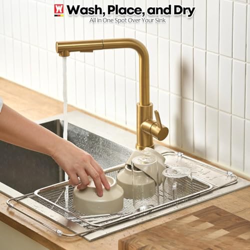 WAGENSTEIGER Extendable Dish Rack with Feet, Vegetable Colander Basket, Stainless Steel Dish or Silverware Drying Rack, Ultimate Kitchen Organizer Over the Sink (14.76 x 10.63 x 3.15 Inches) - size: 14.76 x 10.63 x 3.15 Inches