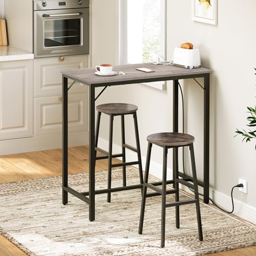 HOOBRO Bar Table with Charging Station, Rectangular Pub Table, High Top Coffee Table, Counter Bar Height Table, Narrow Long Dining Table, 35.4" L x 15.7" W x 35.6" H, Greige BG90UBT01 - color: Greige + Black