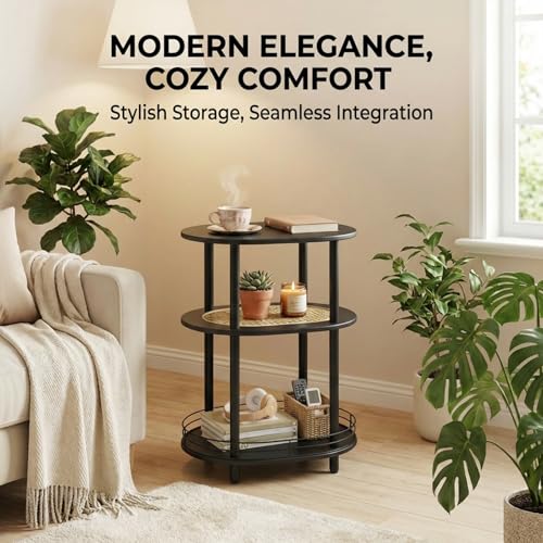 Small Rattan Side/Accent Table with Storage, 3 Tier Round/Oval End Table with Rattan Shelf & Metal Basket, Boho Nightstand, Tool Free Assembly/Screw-Hole Free Tabletop-Living Room Bedroom-Black - color: Black-rattan, size: 1PC