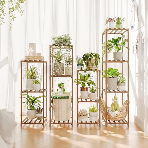 Bamworld Plant Stands Indoor 4 Sets Plant Shelves Outdoor | Tall Wooden Plant Holder for Multiple Plants Flower Stands for Living Room Balcony Garden Patio Lawn Window - color: Brown, size: 4 Sets - Tall