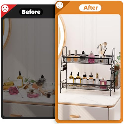 VITVITI 2-Tier Bathroom Organizer Countertop, Metal Wire Mesh Bathroom Counter Organizer Storage with Basket Hooks, Vanity Tray Shelf, Kitchen Spice Rack, Black - color: 2 Tier Large Black