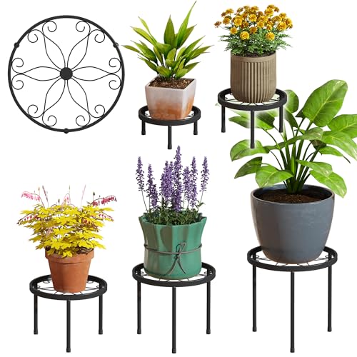 Plant Stand Indoor Outdoor 5 Pack Heavy Duty Metal Stand Multiple Plants, Anti-Rust Iron Flower Pot Stand Decoration Racks Plant Pot Shelf for Living Room Garden Balcony (Black) - color: Black