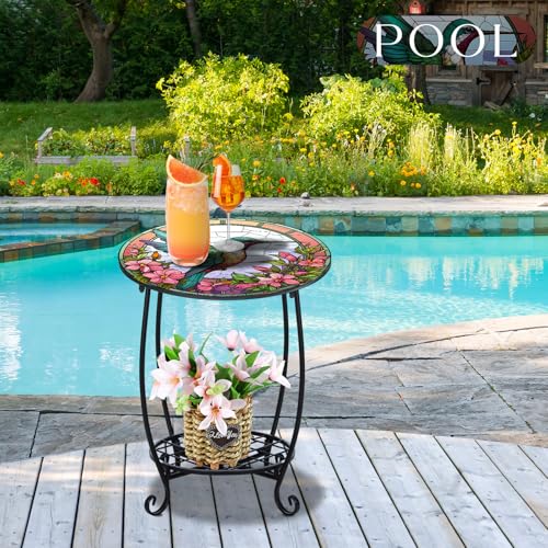 Cinnvoice Outdoor Side Table Round Small Mosaic Patio Accent Indoor End Plant Coffee Tea Table for Yard Patio Porch Garden Living Room, Bedroom(Hummingbird Style,18 Inch) - size: 18 Inch, style: Hummingbird Style