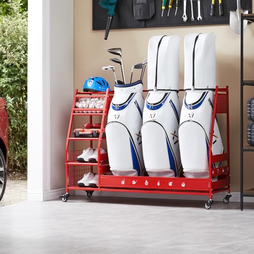 Lauren&Harold Golf Bag Organizer Garage Storage, Golf Storage Rack Stand Fits 2 Golf Bags, Golf Clubs and Other Golfing Equipment Accessories, Golf Organizer for Garage, Club, Shed, Basement - color: Red, size: Large