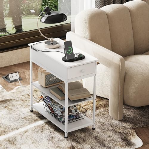 WLIVE Narrow Side Table with Charging Station, Couch Side Table for Living Room, Narrow End Table for Bedroom with Fabric Drawer, USB Ports and Power Outlets, Samll Nightstand Bedside Tables, White - color: White
