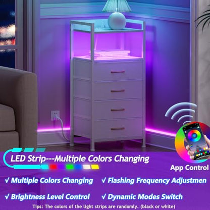 Furnulem White Nightstand with Charging Station,Small Dresser for Bedroom | 4 Drawer Tall Bedside Table with LED light & Remote Control, Metal Frame and Fabric Bins,Wood Desk Top,Easy Assemble for Dorm - color: White