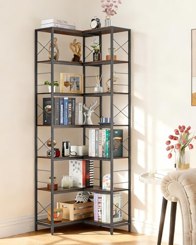 Garvee Corner Shelf, 7 Tier Industrial Corner Bookshelf, Wood and Metal Frame Large Bookcase, Freestanding Display Shelf for Living Room, Kitchen, Home Office, Rustic Brown