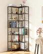 Garvee Corner Shelf, 7 Tier Industrial Corner Bookshelf, Wood and Metal Frame Large Bookcase, Freestanding Display Shelf for Living Room, Kitchen, Home Office, Rustic Brown