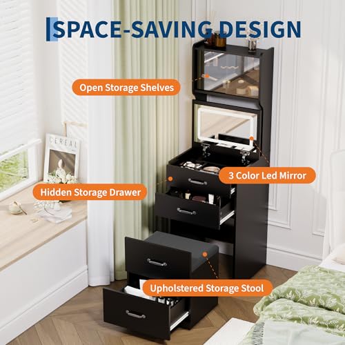 Garvee 3 in 1 Vanity Desk with 3 Color LED, Compact Makeup Vanity Set with 2 AC Outlets & USB, Dressing Table with Drawers & Acrylic Doors, Nightstand Vanity Mirror, Jewelry Box, Hidden Chair, Black - color: Black