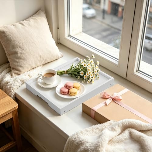 Breakfast Tray with Folding Legs Set of 2, Bamboo Bed Tray Table 15.7" Foldable TV Dinner Tray with Ergonomic Wave Handles for Bed Couch Sofa, Breakfast, Snacks, Coffee, White - color: White, size: Medium