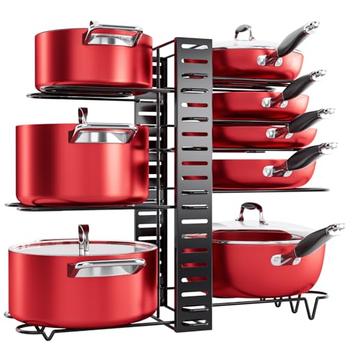 MUDEELA 8-Tier Pots and Pans Organizer under Cabinet, 16.61" Height Light Duty Pot and Pan Organizer Kitchen Cabinet Organization and Storage, Adjustable Pot Rack with 3 DIY Methods for Lids, Bakeware - color: Black, size: 16.61"H