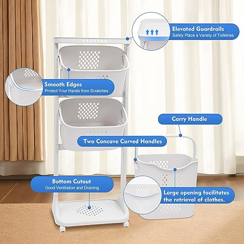 3 Tier Laundry Hamper Basket Sorter, Clothes Storage with Wheels Removable Storage Basket, Laundry Sorter Cart with Handle, Freestanding Clothes Hamper Organizer for Bathroom, Bedroom