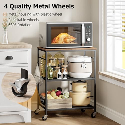 Homleke 3-Tier Rolling Kitchen Microwave Cart, Kitchen Utility Cart on Lockable Wheels, Coffee Bar Table Station with 6 S-Shaped Hooks, Small Appliance Storage Shelf, Rustic Brown and Black - color: Rustic Brown and Black, size: 3-Tier