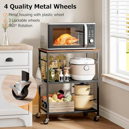 Homleke 3-Tier Rolling Kitchen Microwave Cart, Kitchen Utility Cart on Lockable Wheels, Coffee Bar Table Station with 6 S-Shaped Hooks, Small Appliance Storage Shelf, Rustic Brown and Black - color: Rustic Brown and Black, size: 3-Tier