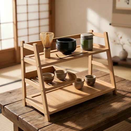 3 Tier Bamboo Matcha Station, coffee station organizer Shelf | for Kitchen Countertop, Tea Bar - Matcha Powder, Tools & Cup Organizer for Matcha Lovers, Home Baristas. - color: wood