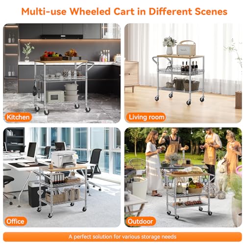3 Tier Rolling Kitchen Carts on Wheels with Storage,650Lbs Heavy Duty Utility Carts with Wheels,Kitchen Island with Wood Tabletop,Metal Serving Rolling Cart for Small Appliance Food Cart,Wood+Metal - color: Wood+chrome