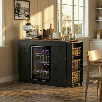 ARTETHYS 48’’- 80’’ Extendable Kitchen Island with Fridge Storage, White | Expanded Kitchen Counter with Compartment & Drawers, Sideboard Buffet Table with Cabinet and Side Rack for Kitchen - color: Black