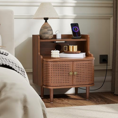 Storage End Table with 2 Door, Bed Side Table with Charging Station, Metal Rattan Nightstand for Bedroom, Desk Side Table for Living Room Couch Sofa, Office, Small Spaces - Walnut - size: Door Walnut-1pcs