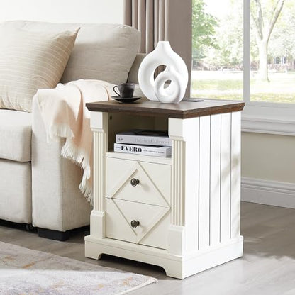 Minifeel Farmhouse Night Stand with Charging Station, 18" Wide 2 Drawer Bedside Table, Barn Door Nightstand with Open Storage Shelf, Sofa Side End Tables with Roman Column for Bedroom, Antique White - color: Antique White