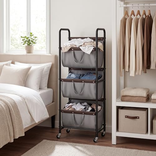 GRANNY SAYS 3 Tiered Laundry Sorter, Narrow Hamper Cart with Wheels, Grey - color: Grey