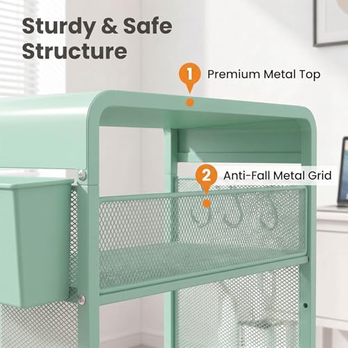 ECOLOVI 3 Tier Printer Stand for Under Desk, Height Adjustable Shelf Small Printer Table with 3 S-Hooks & Basket, Heavy Duty Industrial Storage Shelf for Home Office (Green) - color: Green