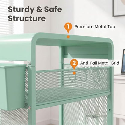 ECOLOVI 3 Tier Printer Stand for Under Desk, Height Adjustable Shelf Small Printer Table with 3 S-Hooks & Basket, Heavy Duty Industrial Storage Shelf for Home Office (Green) - color: Green