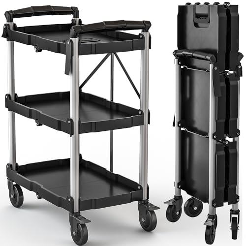DWVO 3-Tier Foldable Service Cart with Swivel Wheels & Brake, 350LBS | Folding Utility Cart Heavy Duty Collapsible Rolling Cart, 350LBS Portable Utility Cart for Kitchen, Warehouse, Garage - size: 350 LBS