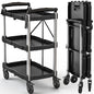 DWVO 3-Tier Foldable Service Cart with Swivel Wheels & Brake, 350LBS | Folding Utility Cart Heavy Duty Collapsible Rolling Cart, 350LBS Portable Utility Cart for Kitchen, Warehouse, Garage - size: 350 LBS
