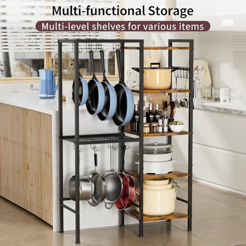 5-Tier Pot and Pan Organizer Rack with Hooks, Heavy-Duty Kitchen Storage Shelf for Cookware, Dishes, and Utensils, Freestanding Metal Pot Rack Organizer for Kitchen, Pantry, or Dining Room - size: Tall one