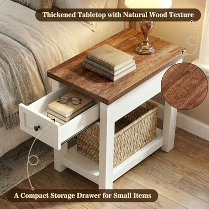 Narrow End Table with Charging Station - Farmhouse Side Table with Drawer, 14" Wide Wood Nightstand Slim Couch Bedside Table for Living Room Bedroom Small Spaces, 2-Tone Antique White & Brown - color: Antique White & Brown, size: 1 Pack
