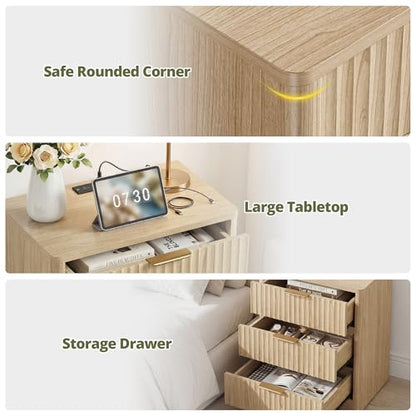 IRONCK Fluted Night Stand Set of 2, 22" Modern Nightstand with Charging Station & 3 Drawers, Bedside Table for Bedroom, Natural Oak