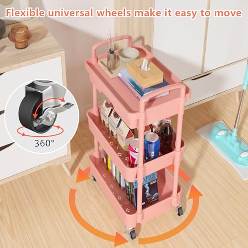 Calmootey 3-Tier Rolling Utility Cart with Drawer,Multifunctional Storage Organizer with Plastic Shelf & Metal Wheel,Storage Cart for Kitchen,Bathroom,Living Room,Office,Pink | Space-Saving Organizer, Sturdy Plastic Shelves, Smooth-Rolling Metal Wheels, B