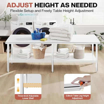 Jocisland 30" x 108" Stainless Steel Table for Prep & Work, Food-Grade Stainless Steel Adjustable Under Shelf and Feet, for Commercial Kitchen, Restaurant, Hotel, Garage - size: 30x108 in, style: Rounded Table Corner