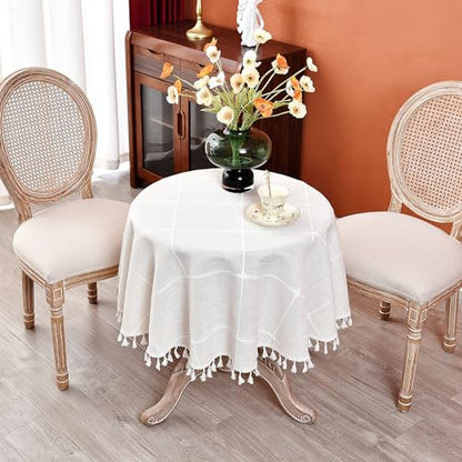 Plaid Round Tablecloth 48 Inch Cotton Linen Round Table Cloth - color: Off-white, size: 48" (Round)