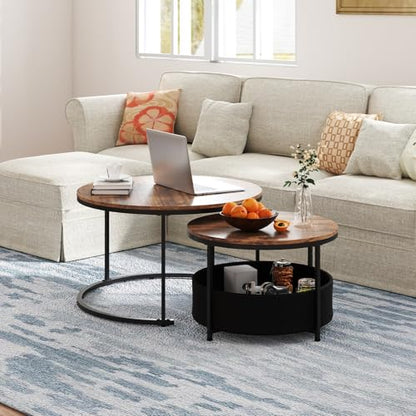 Tangkula Round Nesting Coffee Table Set of 2, Wooden Center End Table with Fabric Storage Basket & Metal Frame, Stacking Side Table for Apartment, Living Room & Bedroom (Rustic & Black) - color: Rustic & Black