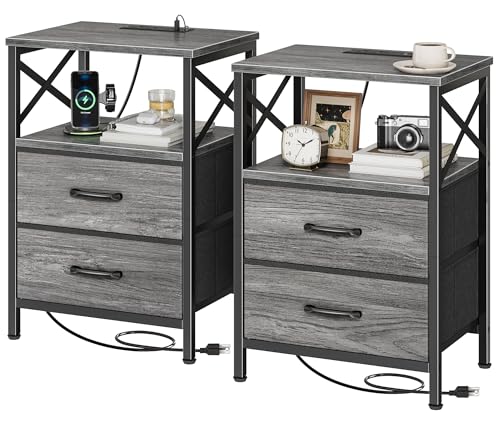 Huuger Nightstands Set of 2, Night Stand with Charger Station, 2 Drawer Side Table with Open Shelf, USB-C Port, End Table for Small Spaces, X Shaped Side Rail, Grey - color: Grey