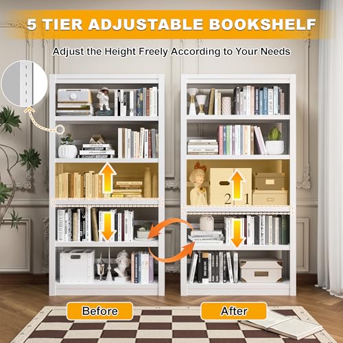 OSEILLC Bookcase, 5-Shelf Heavy Duty Metal Bookcase, Adjustable Bookshelf with Large Capacity, Book Shelf for Home Office, Living Room, Garage (White) - color: White, size: 69"H x 31.5"W