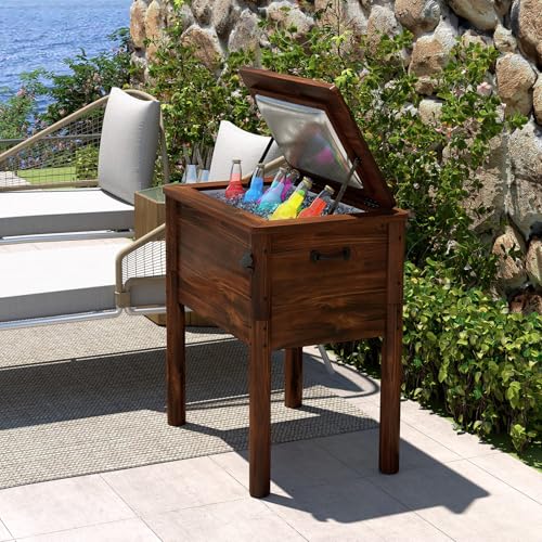 Tangkula Wooden Patio Cooler, Outdoor Ice Chest Beverage Bar, Cooler Table for Poolside, Backyard, Party, BBQ - size: Medium
