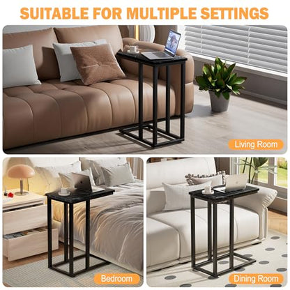 VECELO Universal C-Shaped Side Table, Multi-Functional Snack & TV Tray for Living Room, Bedroom, Black Marble (2 Set) - color: Black Marble, size: 2 Set