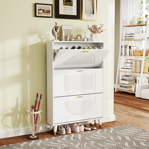 White Shoe Storage Cabinet: 32" Ultra Thin Small Shoe Cabinet for Entryway, Modern Slim and Narrow Hidden Shoes Rack Organizer with Doors and 3 Flip Drawer (1 Piece, 32") - size: 32"