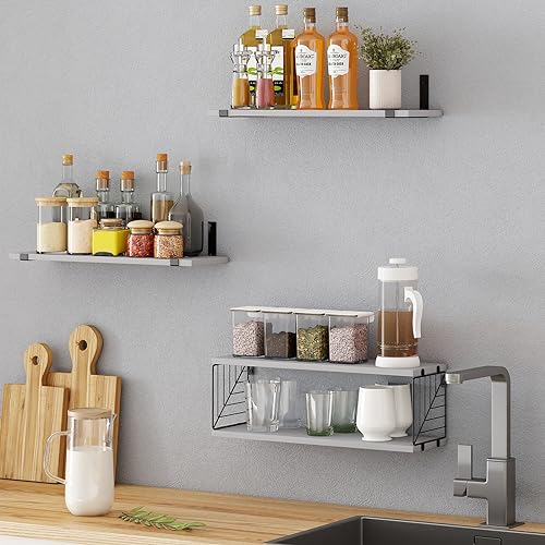 Fixwal 3+1 Tier Bathroom Floating Shelves Over Toilet, Gray | Gray Wood Shelf Set with Toilet Paper Storage Basket, Natural Finish, 40Lb Weight Limit, Quick Mount, Versatile - color: Grey
