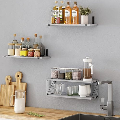 Fixwal 3+1 Tier Bathroom Floating Shelves Over Toilet, Gray | Gray Wood Shelf Set with Toilet Paper Storage Basket, Natural Finish, 40Lb Weight Limit, Quick Mount, Versatile - color: Grey