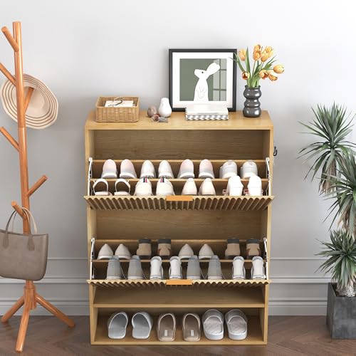 GarveeHome Fluted Shoe Storage for Entryway, Slim Narrow Shoe Cabinet with 2 Flip Drawers, Open Bottom Shelf & Side Hooks, Freestanding Shoe Organizer for Hallway Foyer