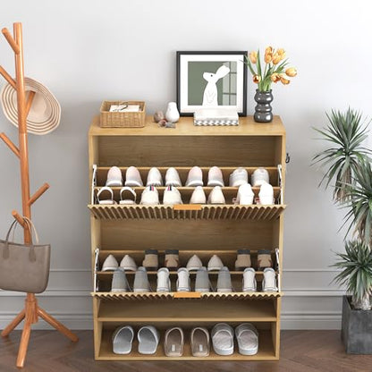 GarveeHome Fluted Shoe Storage for Entryway, Slim Narrow Shoe Cabinet with 2 Flip Drawers, Open Bottom Shelf & Side Hooks, Freestanding Shoe Organizer for Hallway Foyer