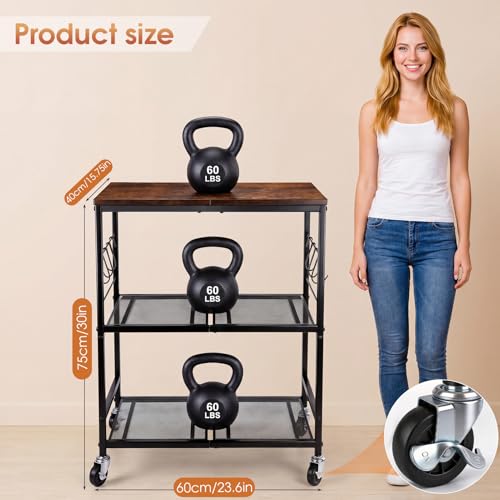 Rolling Kitchen Microwave Cart, 3-Tier Cart with Lockable Casters, 6 S Hooks for Towels, Rolling Kitchen Storage Rack, Space Saving Stand for Small Kitchen, Apartment, Coffee Bar - color: Black