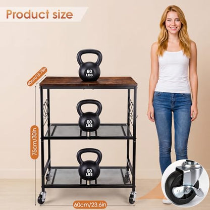 Rolling Kitchen Microwave Cart, 3-Tier Cart with Lockable Casters, 6 S Hooks for Towels, Rolling Kitchen Storage Rack, Space Saving Stand for Small Kitchen, Apartment, Coffee Bar - color: Black