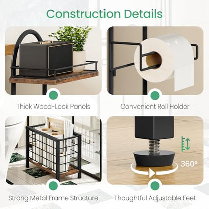 Toilet Paper Holder Stand, Freestanding Toilet Paper Holder with Shelf & Basket, Bathroom Tissue Organizer for Small Space, 3-Tier Storage for Bath Toilet Office Rustic Brown and Black TTS70BF